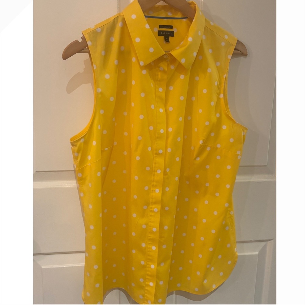 Talbots Yellow Polka Dot Sleeveless Button Down Shirt Wrinkle Resistant Sz 16